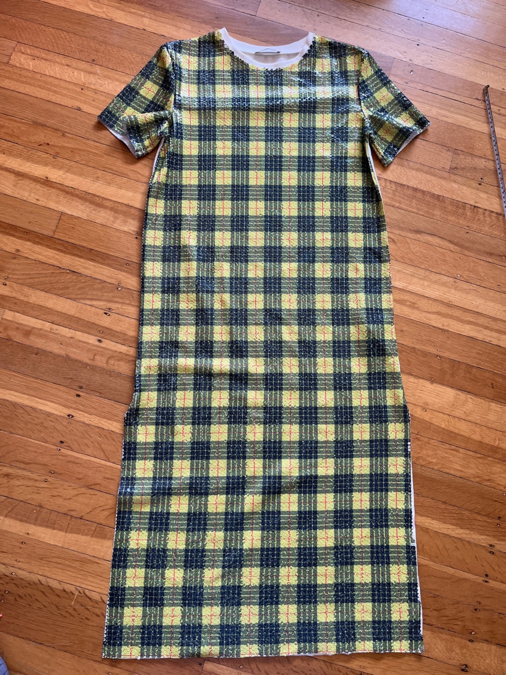 Zara Trafaluc sequined Yellow Navy Plaid Midi long t-shirt Dress preppy grunge s